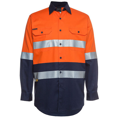 JB's Hi Vis 150gsm Taped L/S Work Shirt features a long-sleeved design with reflective stripes, two front pockets with button-down flaps, a cooling gusset, and a curved hem for enhanced durability and comfort.