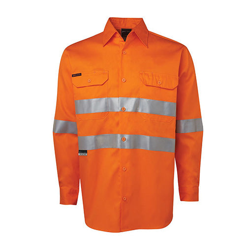 Load image into Gallery viewer, JB's Hi Vis 150gsm Taped L/S Work Shirt features long sleeves, reflective stripes, and a collar. Designed for durability, it includes front pockets with button-down flaps and a cooling gusset at underarms.