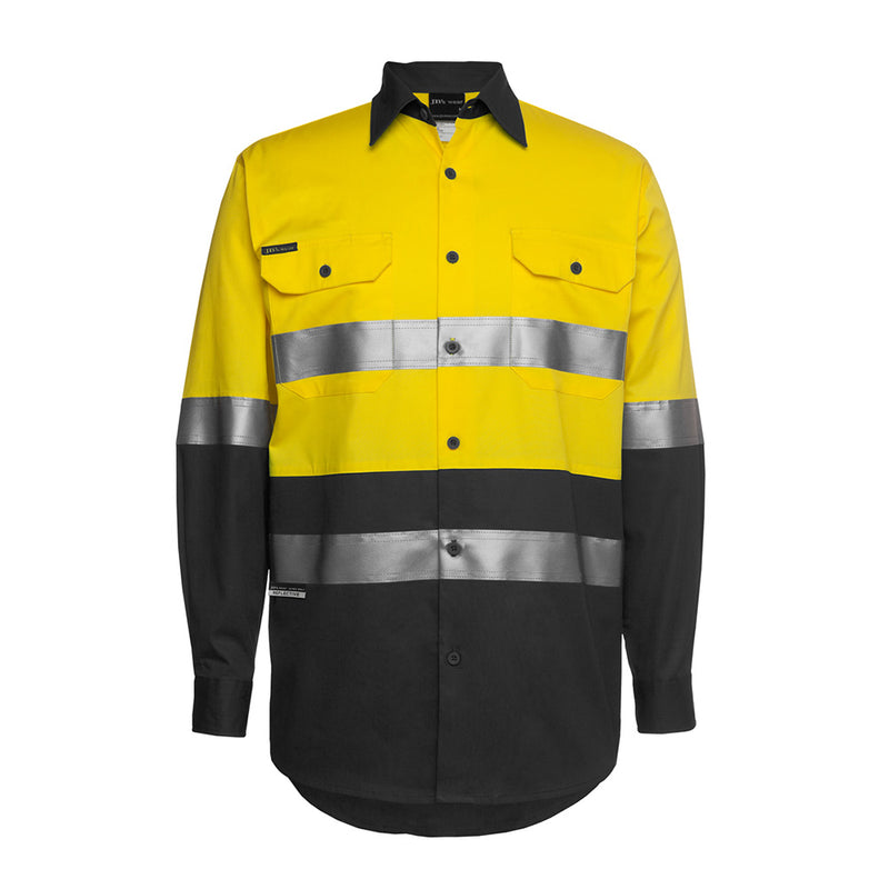 Load image into Gallery viewer, JB's Hi Vis 150gsm Taped L/S Work Shirt features reflective stripes and button-down pockets, designed with a cooling gusset and bar-tacked pressure points for durability, ideal for workplace safety.