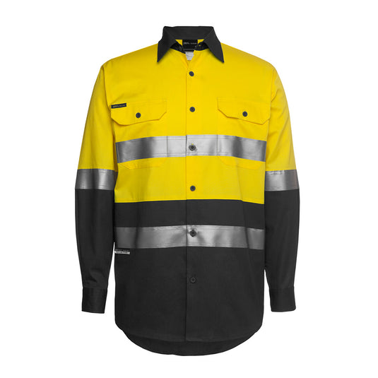 JB's Hi Vis 150gsm Taped L/S Work Shirt features reflective stripes and button-down pockets, designed with a cooling gusset and bar-tacked pressure points for durability, ideal for workplace safety.