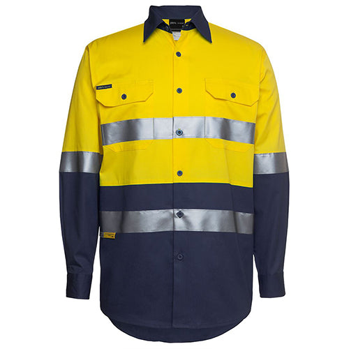 JB's Hi Vis 150gsm Taped L/S Work Shirt features reflective stripes and a durable design with button-down pockets, ideal for active safety needs in workplace environments.