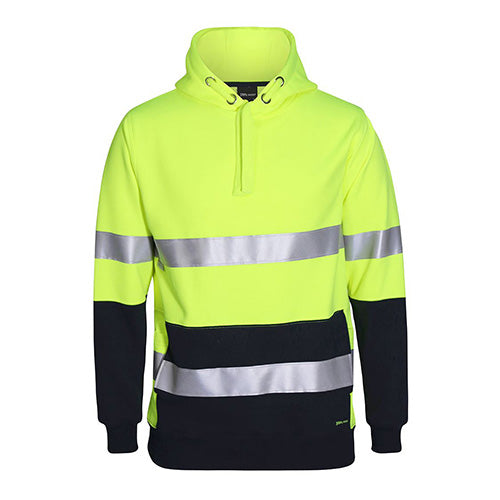 JB's Hi Vis 330G Taped Pullover Hoodie features a sleek design with silver reflective stripes, contrasting panels, and a durable fleece fabric, ideal for high-visibility safety in work environments.