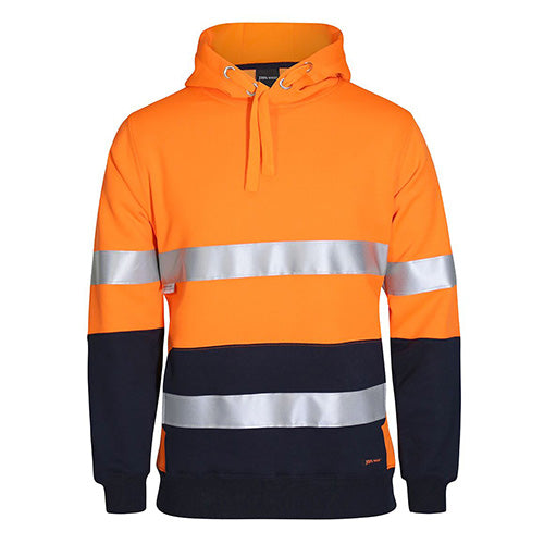 JB's Hi Vis 330G Taped Pullover Hoodie features a durable fleece fabric with reflective silver stripes, a three-panel hood, and ribbed cuffs, ideal for safety and comfort in work environments.