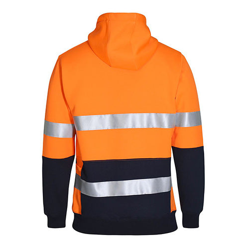 JB's Hi Vis 330G Taped Pullover Hoodie features reflective stripes, a 3-panel hood with drawcord, and a lower front pocket, designed for durability and comfort with a ribbed basque and sleeve cuffs.