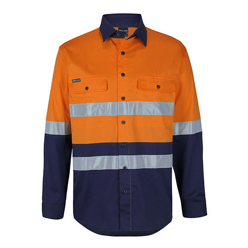 JB’s Hi Vis Taped L/S Stretch Shirt with long sleeves features reflective stripes and a two-piece collar, designed for high visibility. Includes chest pockets, cooling gussets, and complies with UPF 50+ standards.