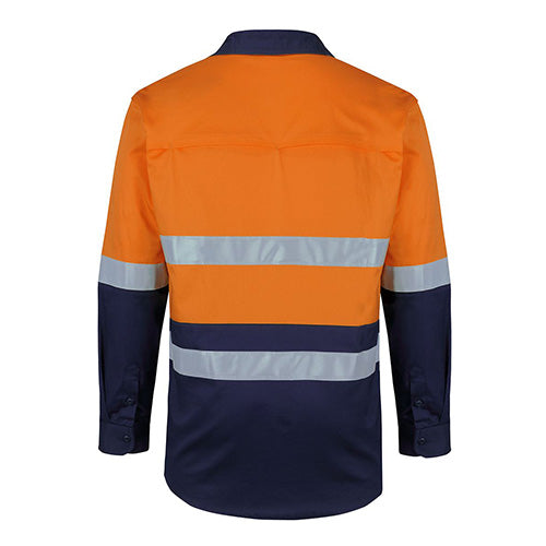 Load image into Gallery viewer, JB’s Hi Vis Taped L/S Stretch Shirt showcasing a back view, features include UPF 50+ protection, contrast paneling, reflective tape, and cooling gussets, ideal for safety and comfort in active work environments.