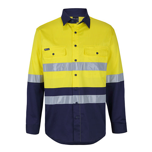 JB’s Hi Vis Taped L/S Stretch Shirt features reflective stripes, front chest pockets, and a two-piece collar, designed for high visibility and safety compliance, ideal for workplace environments.