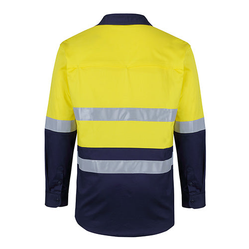 Load image into Gallery viewer, JB’s Hi Vis Taped L/S Stretch Shirt featuring reflective stripes, wide back yoke with mesh, and chest pockets. Designed for safety with UPF 50+ protection, ideal for workplace environments.