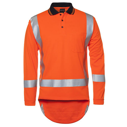JB's Hi Vis TTMC-W L/S Polo Shirt features long sleeves, reflective silver stripes, and a reinforced chest pocket, ideal for safety and visibility in workplace environments.