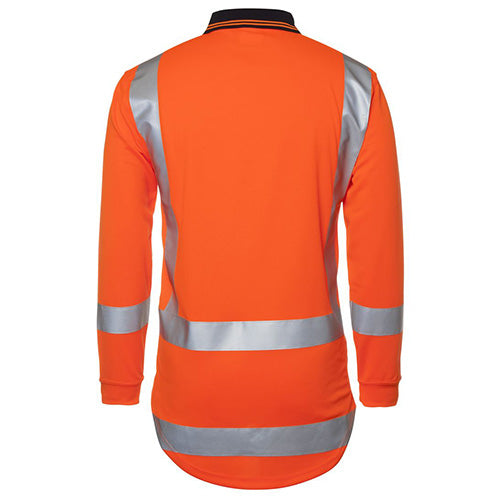 JB's Hi Vis TTMC-W L/S Polo Shirt, featuring a back view with reflective tape, long sleeves, and a 15cm back-drop tail, designed for durability and moisture-wicking performance.