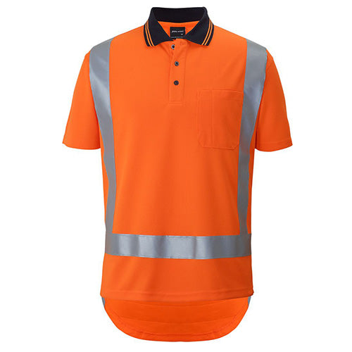 JB's Hi Vis TTMC-W S/S Polo Shirt features reflective stripes, a reinforced chest pocket with pen insert, and a 15cm back-drop tail, ideal for visibility and safety in active work environments.