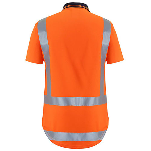 JB's Hi Vis TTMC-W S/S Polo Shirt, back view, featuring reflective tape, reinforced chest pocket, and 15cm back-drop tail, designed for safety and comfort with moisture-wicking, quick-dry micro mesh fabric.