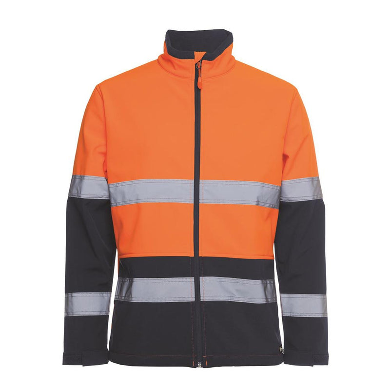 Load image into Gallery viewer, JB's Hi Vis Water Resistant Soft Shell Jacket features a fluorescent orange and black design with reflective bands, ideal for safety in low-light conditions. It includes adjustable cuffs, side pockets, and a full-length zipper.