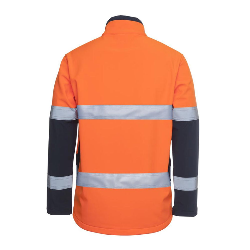 Load image into Gallery viewer, JB's Hi Vis Water Resistant Soft Shell Jacket, featuring bright orange with reflective silver bands, contrasting dark sleeves, and collar, designed for safety and comfort, ideal for workplace protection and visibility.