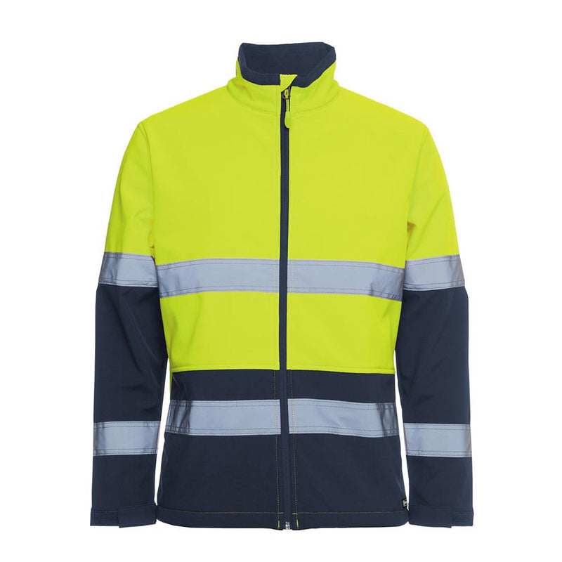 Load image into Gallery viewer, JB's Hi Vis Water Resistant Soft Shell Jacket features a fluorescent yellow upper with navy accents, reflective stripes, and a full-length zipper, designed for safety in low-light environments.