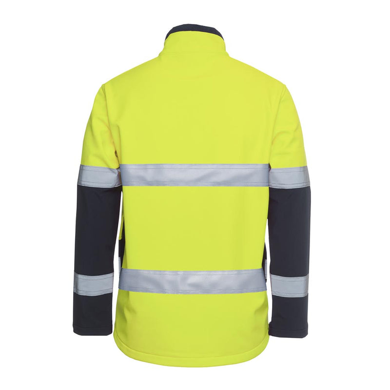 Load image into Gallery viewer, JB's Hi Vis Water Resistant Soft Shell Jacket, shown from the back, features fluorescent yellow with dark lower sleeves and collar, two reflective bands, and complies with safety standards for high visibility and UV protection.