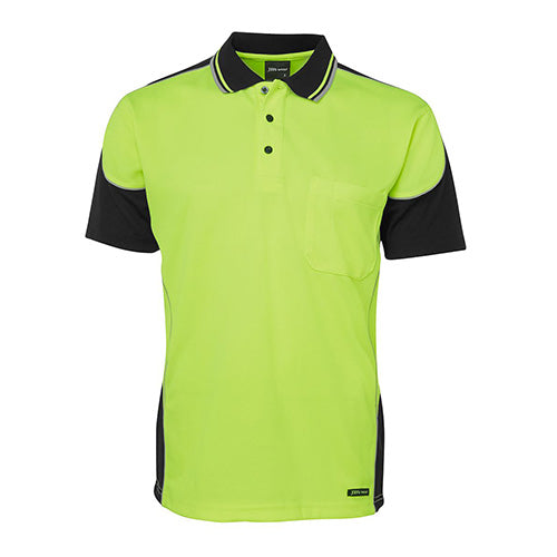 JB's Hi Vis Contrast Piping S/S Polo Shirt featuring a yellow and black design, crafted from quick-drying, durable 100% polyester with moisture-wicking technology, ideal for safety and work environments.