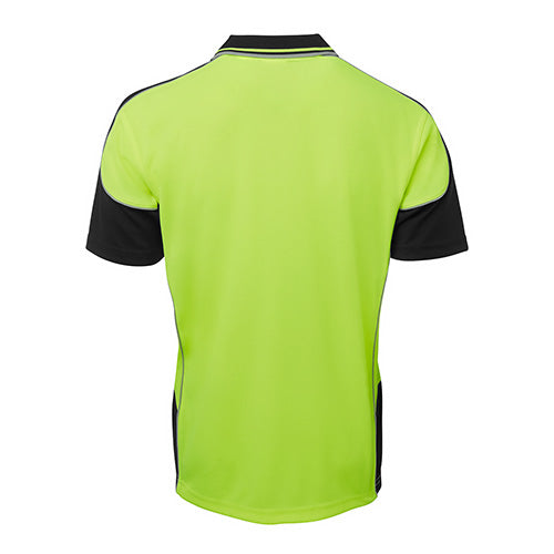 Load image into Gallery viewer, JB's Hi Vis Contrast Piping S/S Polo Shirt featuring yellow and black stripes, designed for durability with 100% polyester and moisture-wicking fabric, perfect for workplace safety and comfort.