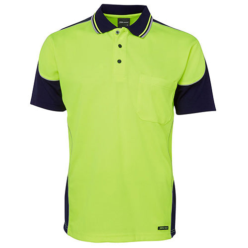 JB's Hi Vis Contrast Piping S/S Polo Shirt, featuring a yellow and black design with a reinforced chest pocket. Made from durable 160gsm micro mesh fabric, it's moisture-wicking and offers UPF 50+ protection.
