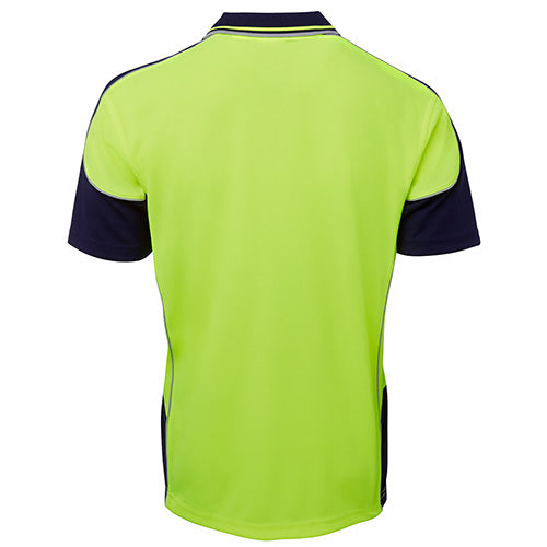 Load image into Gallery viewer, JB's Hi Vis Contrast Piping S/S Polo Shirt, made from durable 100% polyester micro mesh with moisture-wicking technology, features a reinforced chest pocket and straight hem, ideal for safety-focused work environments.