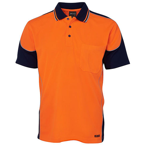 Load image into Gallery viewer, JB's Hi Vis Contrast Piping S/S Polo Shirt features a sleek design with reinforced chest pocket, tailored for durability and moisture-wicking comfort, ideal for active safety environments.
