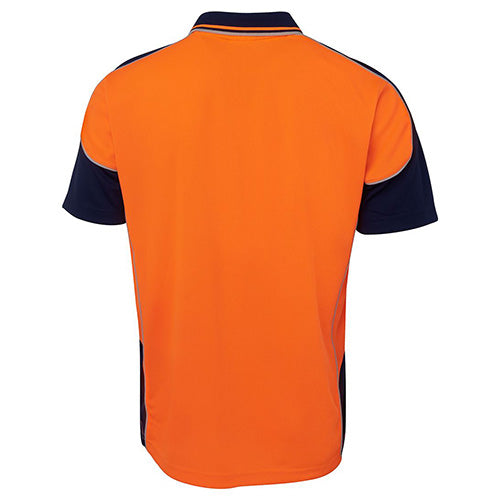 JB's Hi Vis Contrast Piping S/S Polo Shirt, featuring a back view, showcases micro mesh fabric and moisture-wicking technology, ideal for workplace safety with reinforced chest pocket and UPF 50+ protection.