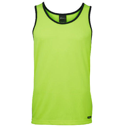 Load image into Gallery viewer, JB's Hi Vis Contrast Singlet, lime green with black trim, crafted from 100% polyester micro mesh. Features moisture wicking, UPF 50+ protection, ideal for workplace safety and comfort.
