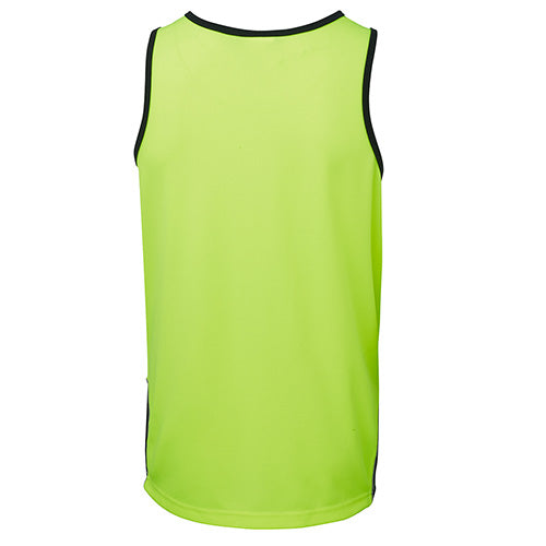 Load image into Gallery viewer, JB's Hi Vis Contrast Singlet features a yellow design with black trim. Made from 100% polyester, it offers moisture-wicking and UPF 50+ protection, ideal for workplace safety and comfort.