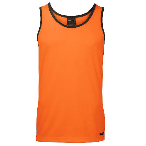 Load image into Gallery viewer, JB's Hi Vis Contrast Singlet, a sleeveless orange tank top, made of durable 100% polyester micro mesh fabric, ideal for keeping cool and dry with moisture-wicking and UPF 50+ sun protection features.
