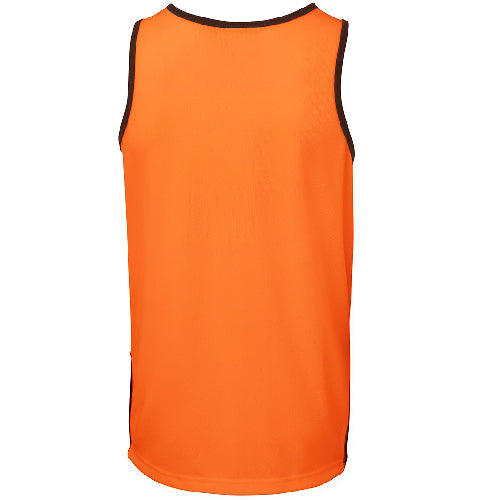 Load image into Gallery viewer, JB's Hi Vis Contrast Singlet features an orange vest with black straps, crafted from durable, moisture-wicking polyester. Ideal for workplace safety, it offers UPF 50+ protection and complies with relevant safety standards.