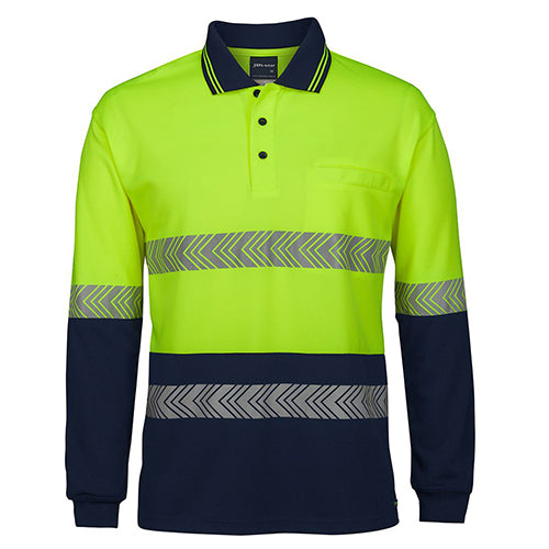 JB's Hi Vis Segmented Taped L/S Polo Shirt features a long-sleeved design with reflective tape for safety. Made from quick-drying polyester, it includes a reinforced chest pocket ideal for workplace use.
