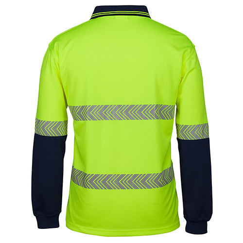 JB's Hi Vis Segmented Taped L/S Polo Shirt features a yellow, long-sleeved design with reflective stripes, reinforced chest pocket, and moisture-wicking fabric, ideal for safety and comfort in workplace environments.