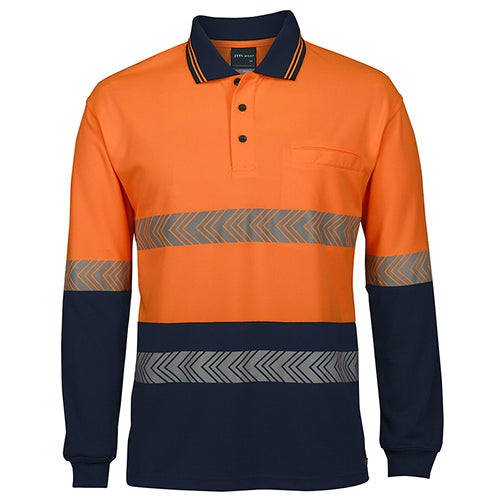 JB's Hi Vis Segmented Taped L/S Polo Shirt featuring long sleeves and reflective tape design, ideal for workplace safety with moisture-wicking, quick-drying fabric, and reinforced chest pocket for functionality.