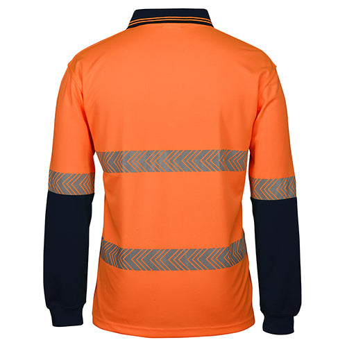 Load image into Gallery viewer, JB's Hi Vis Segmented Taped L/S Polo Shirt features a back view showcasing arrow-style segmented reflective tape, ideal for safety. This active shirt includes a reinforced chest pocket and complies with safety standards.