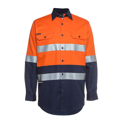JB's Hi Vis Taped 190gsm L/S Work Shirt features reflective tape, a two-piece collar, two front pockets with button-down flaps, and a curved hem, ideal for active safety environments.