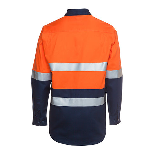 Load image into Gallery viewer, JB's Hi Vis Taped 190gsm L/S Work Shirt featuring reflective stripes, durable design with bar-tacked pressure points, and two front pockets with button-down flaps, ideal for workplace safety and comfort.