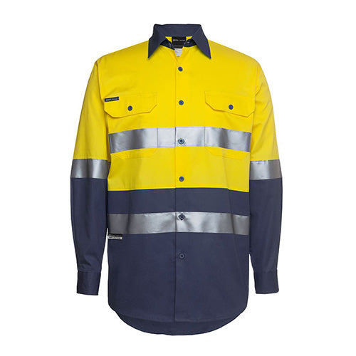 JB's Hi Vis Taped 190gsm L/S Work Shirt, featuring reflective stripes and a two-piece collar, designed for enhanced visibility and comfort with two front pockets, ideal for safety-focused work environments.