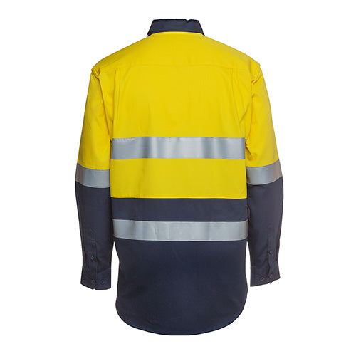 Load image into Gallery viewer, JB's Hi Vis Taped 190gsm L/S Work Shirt features reflective stripes for visibility, designed with a two-piece collar, button-down flaps, and pen insert, ideal for safety and comfort in work environments.