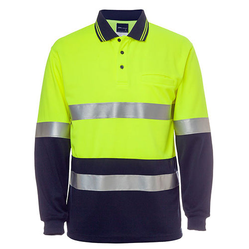JB's Hi Vis Cotton Back Taped L/S Polo Shirt featuring reflective stripes and long sleeves, designed with moisture-wicking fabric and UPF 50+ protection for superior safety and comfort in workplace environments.