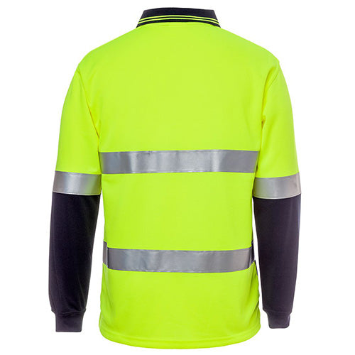 JB's Hi Vis Cotton Back Taped L/S Polo Shirt features reflective stripes for visibility. The image shows a person wearing this durable, moisture-wicking workwear, ideal for safety-focused environments.