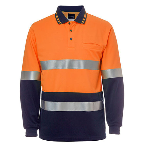 JB's Hi Vis Cotton Back Taped L/S Polo Shirt features long sleeves, reflective stripes, and a straight hem. Ideal for safety, it combines comfort and durability with moisture-wicking fabric and UPF 50+ protection.