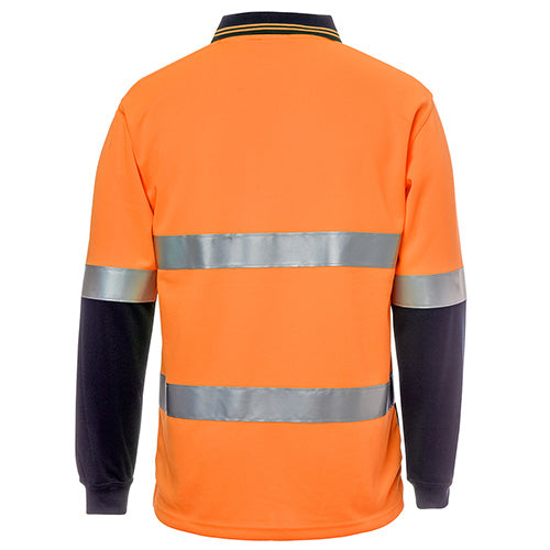 JB's Hi Vis Cotton Back Taped L/S Polo Shirt featuring reflective stripes on the back, designed for safety compliance, with moisture-wicking fabric and UPF 50+ protection, ideal for workplace safety environments.