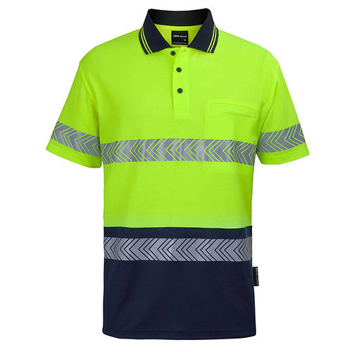 JB's Hi Vis Cotton Back Segmented Tape Polo Shirt, featuring a sleek design with segmented reflective tape, short sleeves, and a smart collar, ideal for safety and comfort in active work environments.