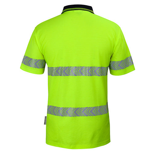 JB's Hi Vis Cotton Back Segmented Tape Polo Shirt featuring reflective stripes, designed for safety with moisture-wicking fabric and UPF protection, ideal for workplace environments focused on safety and comfort.