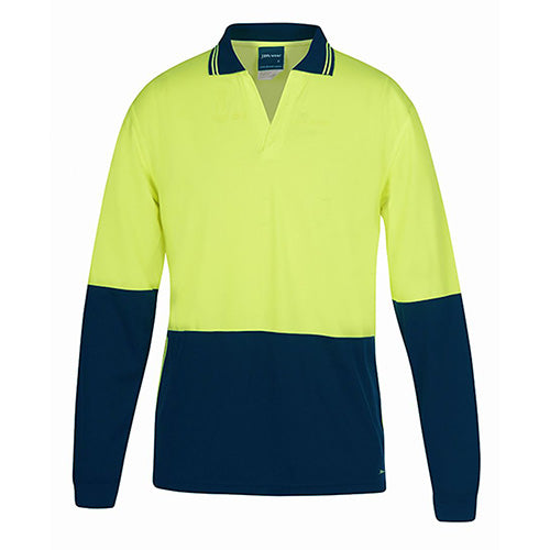 JB's Hi Vis Non-Button L/S Polo Shirt with long sleeves, featuring moisture-wicking micro mesh fabric for comfort and safety compliance, ideal for workplace safety and visibility.