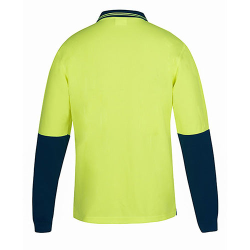 JB's Hi Vis Non-Button L/S Polo Shirt, featuring long sleeves and a straight hem with side splits, designed for durability and comfort with moisture-wicking, quick-drying fabric and ribbed sleeve cuffs.