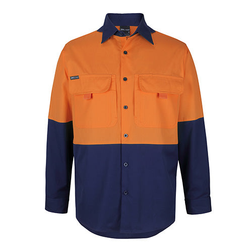 JB’s Hi Vis L/S Ripstop Work Shirt featuring long sleeves, two buttoned front pockets, and a two-piece collar. Designed with a wide back yoke, concealed mesh, and cooling gussets for enhanced comfort.