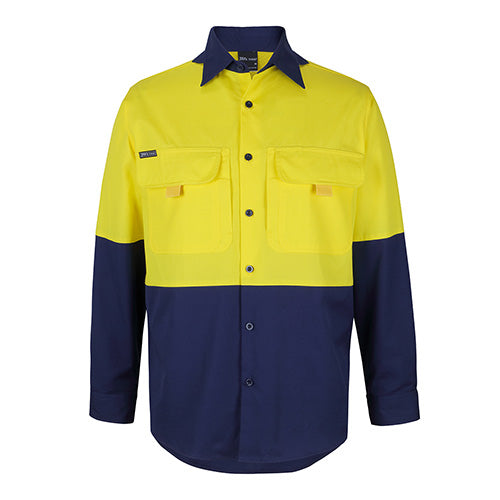 JB’s Hi Vis L/S Ripstop Work Shirt features a classic fit with double front pockets and a two-piece collar, ideal for workplace safety.
