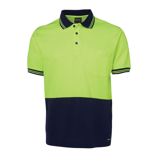 JB's Hi Vis Cotton Back Polo features a classic fit with reinforced chest pocket and pen insert, crafted from durable, moisture-wicking micro mesh fabric, ensuring UPF 50+ protection and a straight hem with side splits.