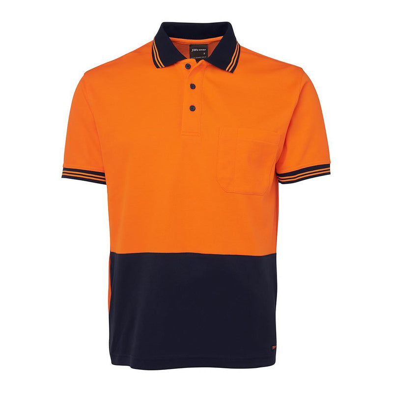 Load image into Gallery viewer, JB's Hi Vis Cotton Back Polo features a classic fit with moisture-wicking micro mesh fabric, reinforced chest pocket, and straight hem with side splits, ideal for safety and comfort in active work environments.